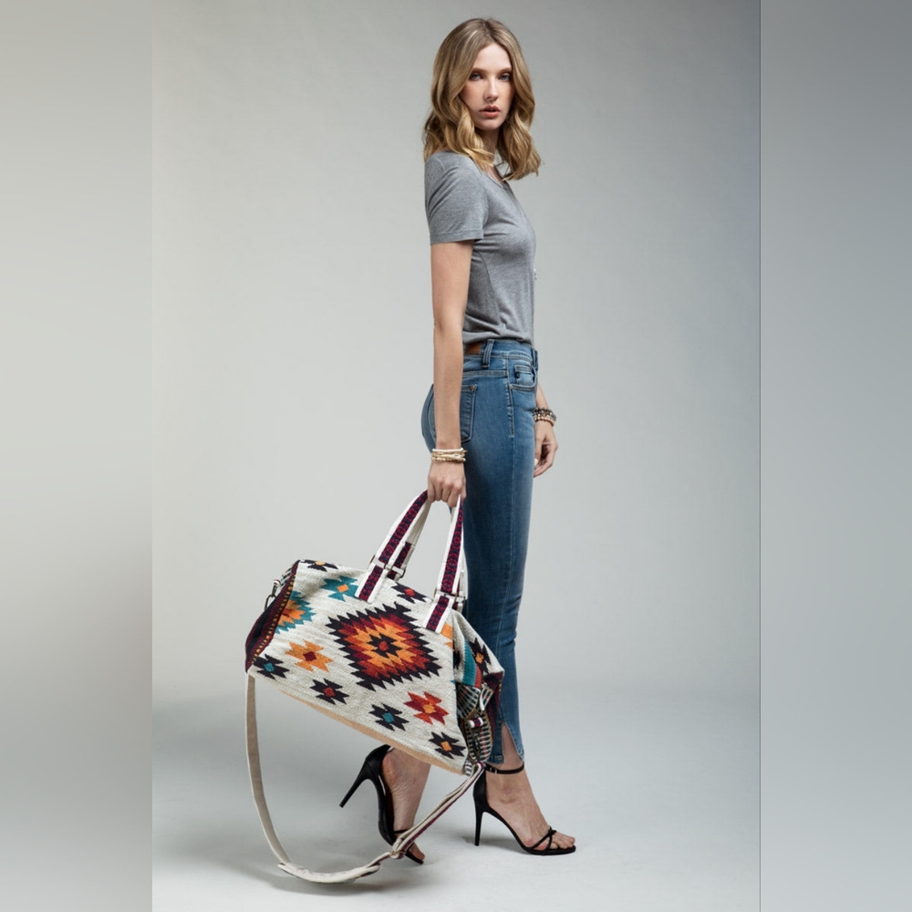 Ivory Boho Chic Travel Bag - Navajo Inspired Design - Handmade Fully Fine Cotton - Picture 3 of 13